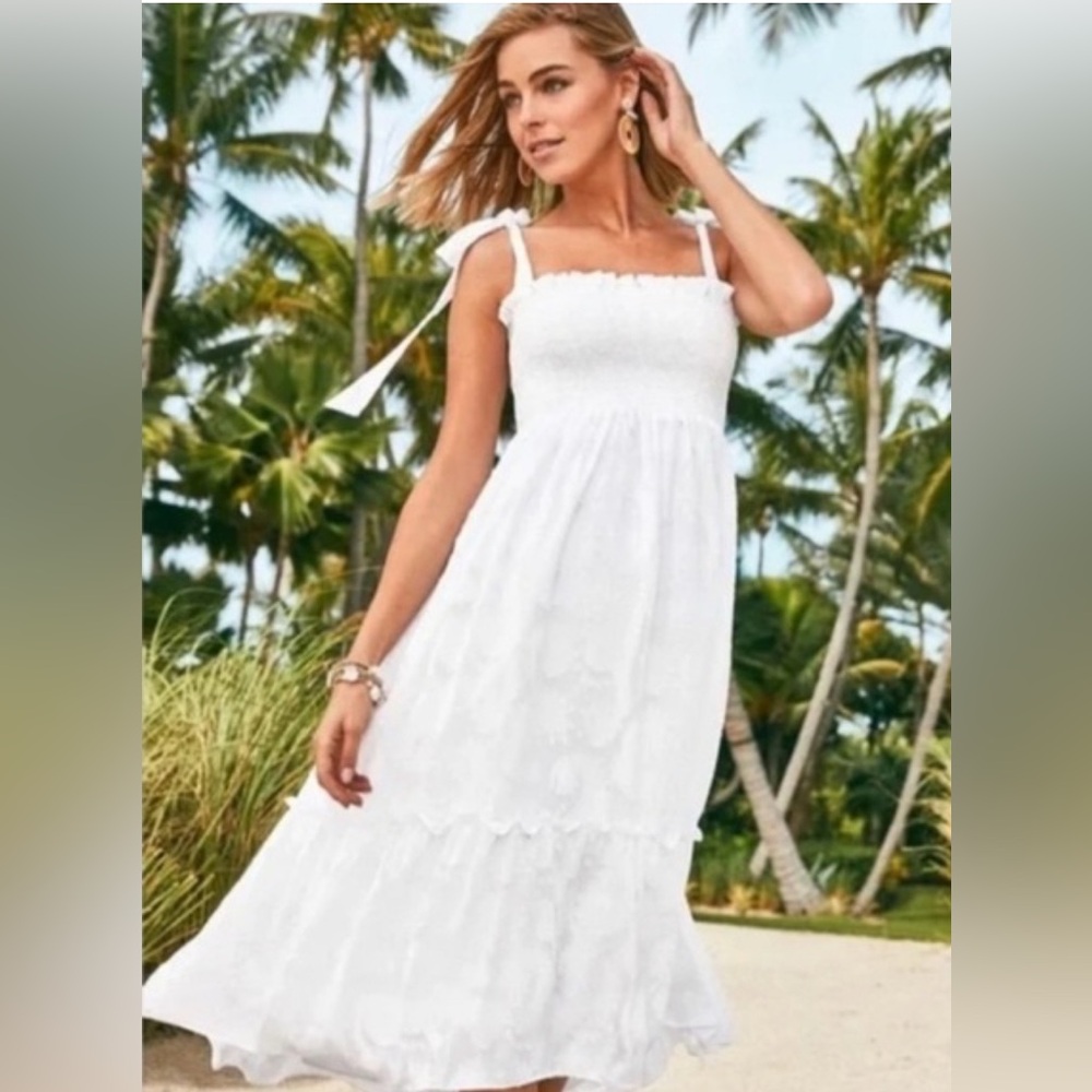 NWT Lilly Pulitzer Rivera Smocked MIDI Dress- Resort White in Size XS